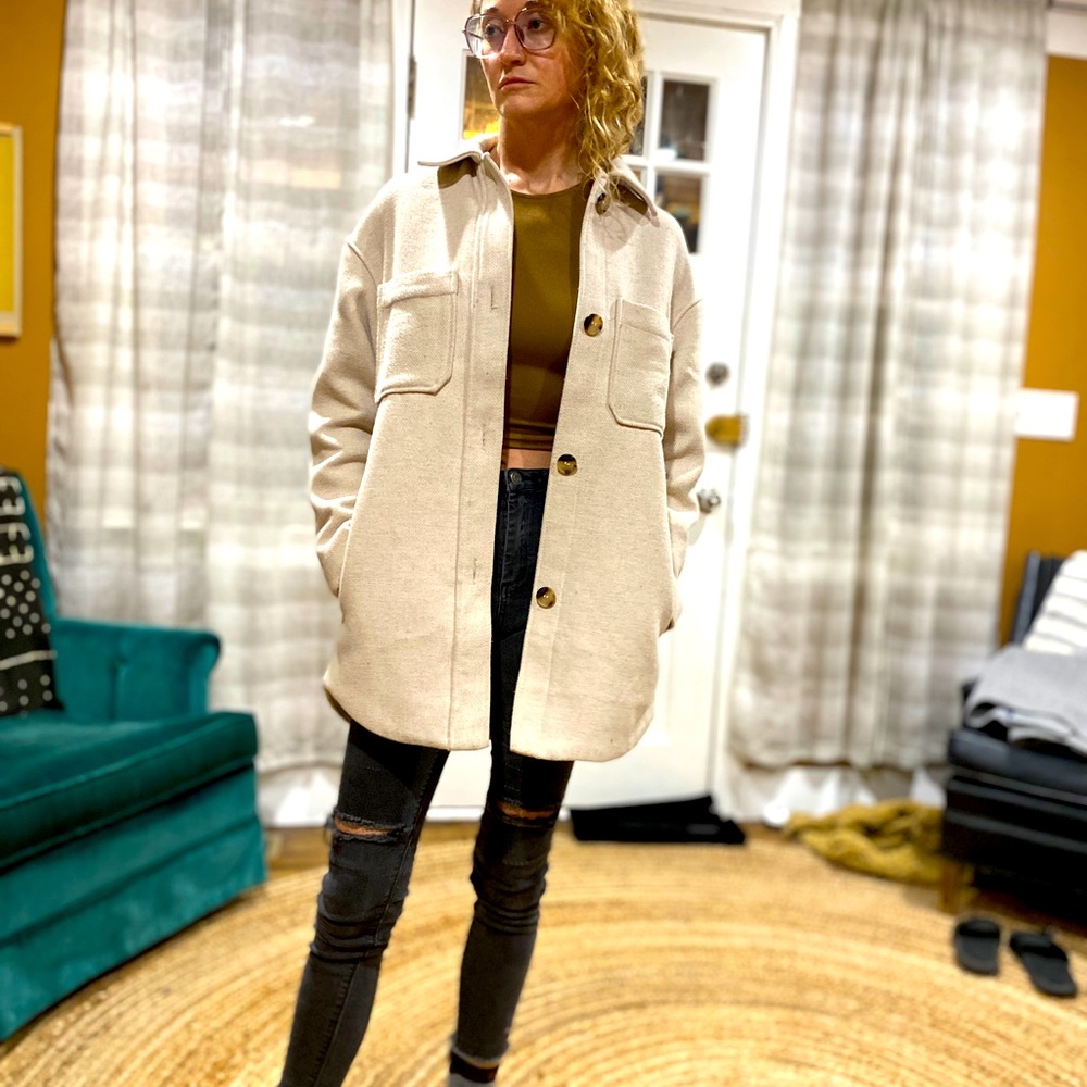 H&M small wool shacket very heavy! Fits like a large since it’s oversized!